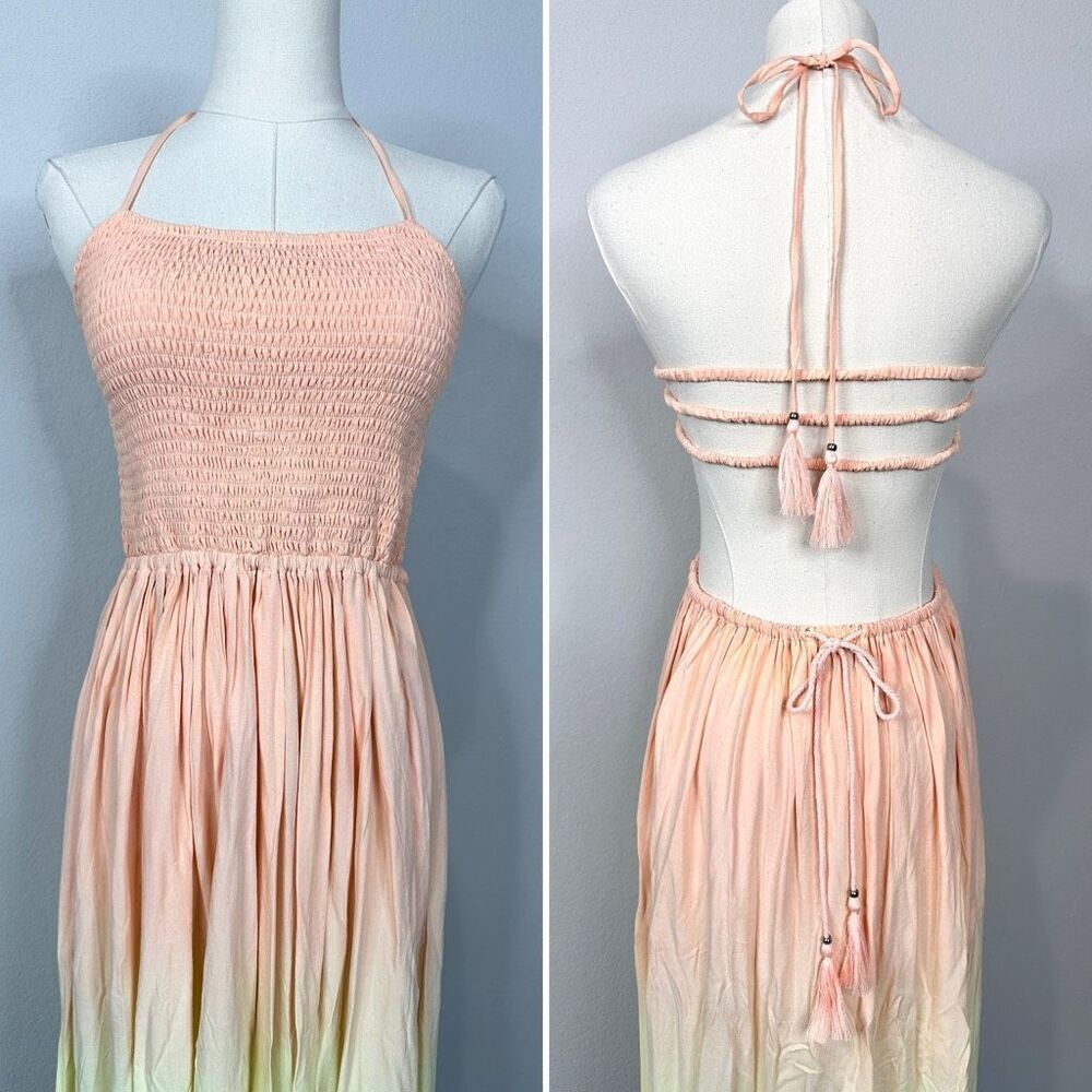 Tiare Hawaii Naia Maxi Dress S/M Peach Yellow Blue Ombre Smocked Boho Beachy - Picture 10 of 13